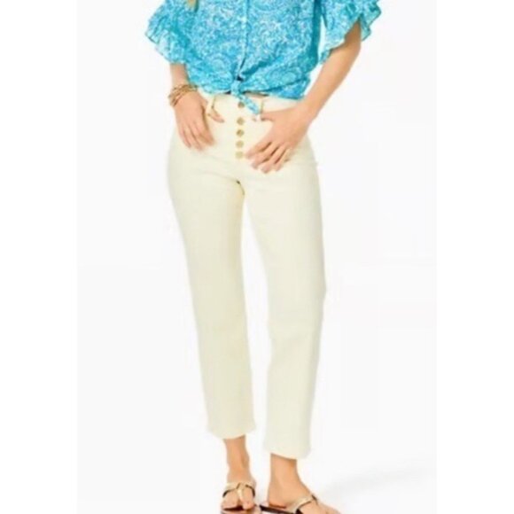 Lilly Pulitzer South Ocean High Rise Lemon Meringue Yellow Straight Leg Jean 12 - Picture 10 of 10